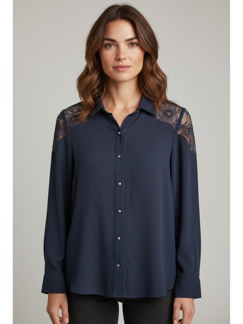 Julio Navy Blue Floral Lace Yoke Button Down Blouse Size 4 Romantic Feminine